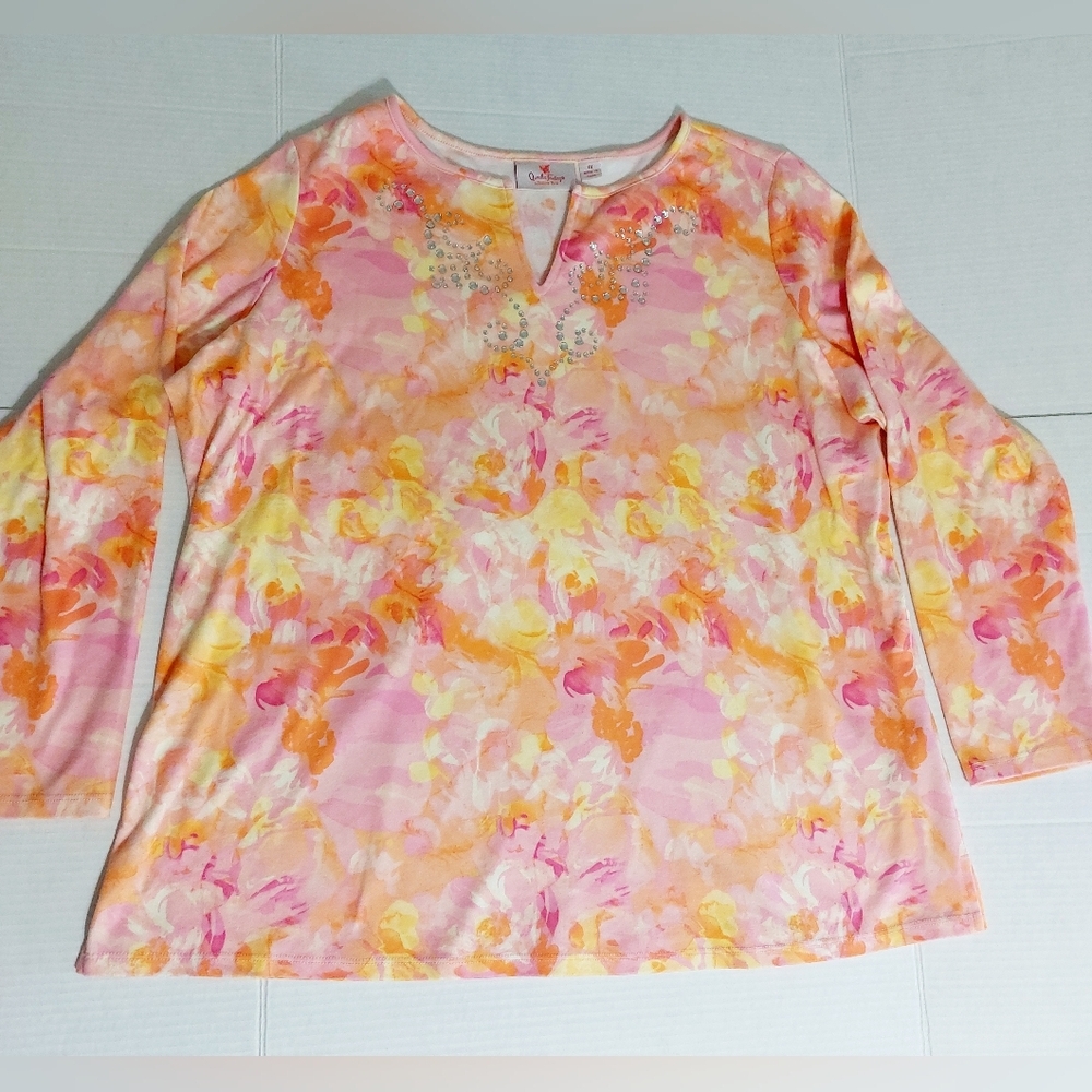 V Cut Collar Rhinstone embellished long sleeve Quaker Factory